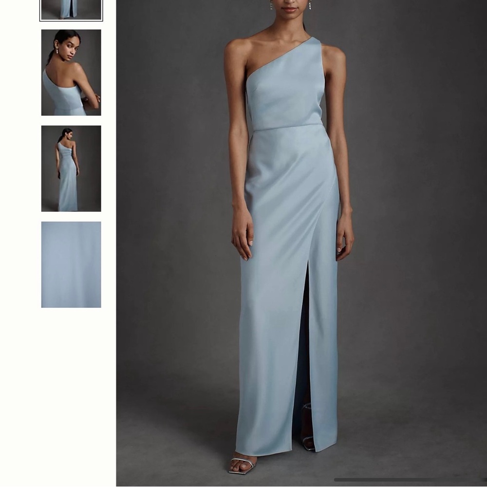 BHLDN Dylan One-Shoulder Satin Side-Slit Gown Storm Cloud